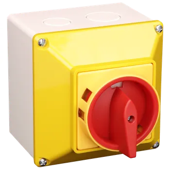 spínač Krabicový bezpečnostní hlavní vypínač žluto-čer.,žluté víčko Tracon TSS-63/4T65S 400V, 50Hz, 63A, 4P, 18,5kW, 64×64mm, IP65 (Tracon TSS-63/4T65S)