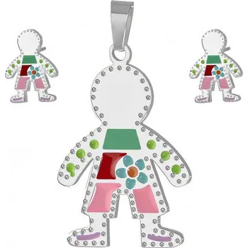 Souprava šperků Barevný set šperků - přívěsek a náušnice ve tvaru postavičky s květinovým motivem, stříbrná barva, veselý design.