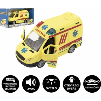 autíčko Auto ambulance plast 20cm na setrvačník na baterie se zvukem se světlem v krabici 26x15x12cm