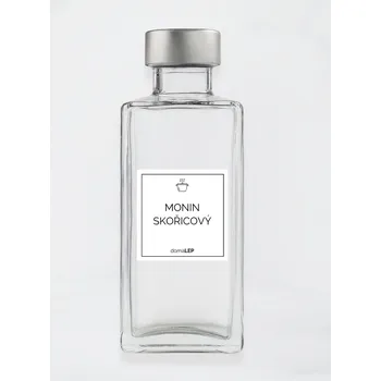 Speciální papír Samolepka na láhev MONIN SKOŘICOVÝ 5 x 5 cm – bílá vinylová, voděodolná, omyvatelná samolepka na dózy, základní písmo