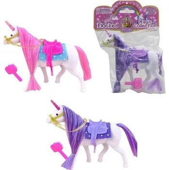 Figurka Kůň jednorožec se štětcem, uzdou, sedlem a sedlovou podložkou, 14 x 15 x 4 cm