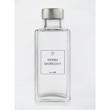 Samolepící etiketa Samolepka na láhev MONIN SKOŘICOVÝ 5 x 5 cm – průhledná vinylová, voděodolná, omyvatelná samolepka na dózy, základní písmo