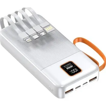 Powerbanka Powerbanka 20000mAh se 4 vestavěnými kabely, 2x USB-A, 1x USB-C, PD 22,5W, QC 3.0, LED displej, bílá