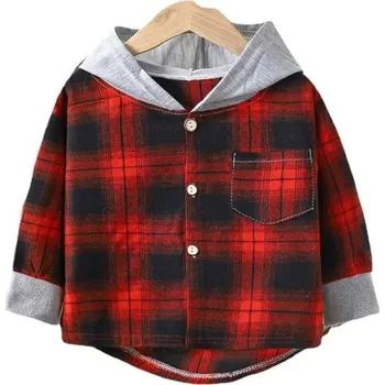 Dívčí košile Dětská kostkovaná košile s kapucí Červenočerná Bavlna Polyester Dívčí a chlapecký kabátek na jaro a podzim Stylová bunda s dlouhým rukávem a knoflíky 8