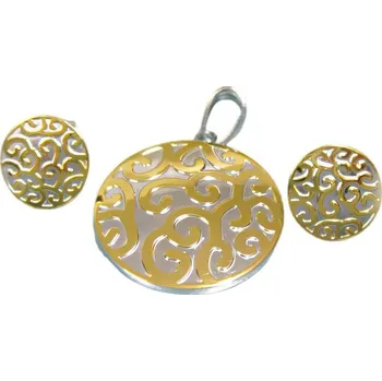 Souprava šperků Ocelový set s elegantním designem ve stříbrné barvě a zlatými detaily - náušnice a přívěsek 7SS7269