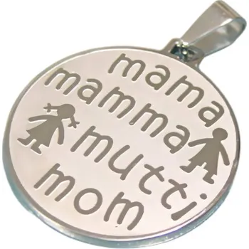 Přívěsek Přívěsek s nápisem MAMA, MAMMA, MUTTI, MOM a postavičkami, průměr 30 mm, tloušťka 2 mm.