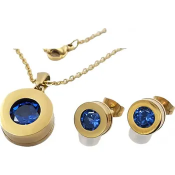 Souprava šperků Zlatý set s modrými kameny - náhrdelník 450 mm, přívěsek 14x14 mm, náušnice 9x9 mm.