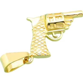 Přívěsek Přívěsek ve tvaru revolveru, délka 30 mm, šířka 24 mm, hmotnost 13 g, zlatá barva.