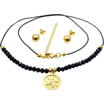 Souprava šperků Ocelový set s černými korálky a zlatým přívěskem, náušnice 8 mm, náhrdelník 500 x 4 mm, přívěsek 16 mm.