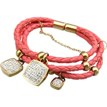 Náramek Náramek s růžovými pletenými pásky a třemi zlatými přívěsky se zirkony, elegantní design pro každodenní nošení.