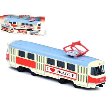 Hračka Tramvaj Tatra T3 česká kovová 16cm I LOVE PRAGUE retro na zpětný chod v krabičce 20x8x6cm CZ des
