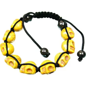 Náramek Náramek s lebkami a žlutými korálky, šířka 10 mm, na černé šňůrce, stylový a originální doplněk.