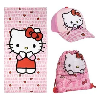Sprchový závěs Ručník - osuška s kšiltovkou a pytlíkem Hello Kitty: Kitty s červenou mašlí (70 x 140 cm)