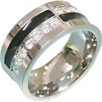 Prsten Ocelový prsten s černým pruhem a krystaly, šířka 10 mm, moderní design pro každodenní nošení. 59,5