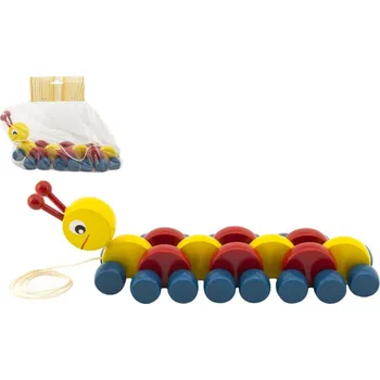 Dřevěná hračka Housenka dřevo tahací barevná 27cm v sáčku