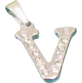 Přívěsek Přívěsek s iniciálou V zdobený kamínky, elegantní design pro každou příležitost, stříbrná barva, rozměry: 3,5 cm x 2,5 cm.