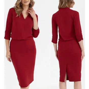 Dámské šaty MÓDNÍ DÁMSKÉ STYLOVÉ ŠATY MIDI ELEGANTNÍ TUŽKOVÁ BORDOVÁ 42 XL