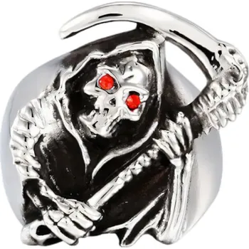 Prsten Prsten s motivem Smrti a červenýma očima, 26x5x25.5 mm, stříbrná barva 64,6