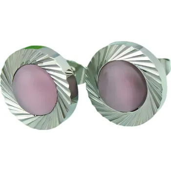 Náušnice Náušnice s růžovým kamenem a vyřezávaným okrajem, průměr 13 mm, hmotnost 5 g.