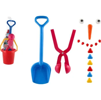 Hra na zahradu Sada na stavění sněhuláka plast kbelík,tvořítko na koule,lopatka,mrkev,knoflíky v síťce 20x49cm