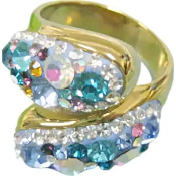 Prsten Zlatý prsten se zdobením v modré a růžové barvě, elegantní design s krystaly, velikost nastavitelná. 57