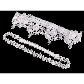 Podvazkový pás Svatební podvazkový set krajkový s perlami