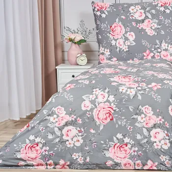 Povlečení Povlečení šedé s růžovými květy: 140x200cm, 70x90cm