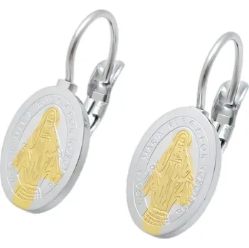 Náušnice Náušnice s oválným přívěskem a motivem Panny Marie, stříbrné barvy, rozměry 12x8 mm.