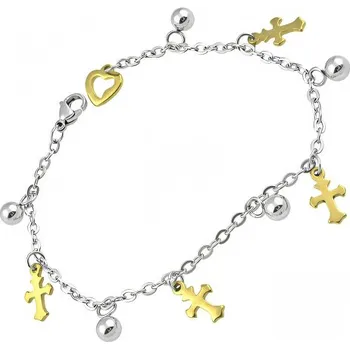 Náramek Náramek s křížky a srdíčkem ve stříbrné barvě s pozlacenými detaily, 7NB11062