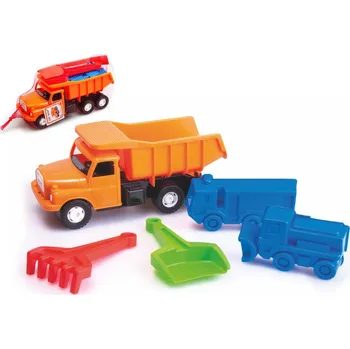 Hračka na písek Auto Tatra 148 sklápěč oranžová plast 30cm + formičky 2ks,lopatka,hrabičky v síťce 12m+