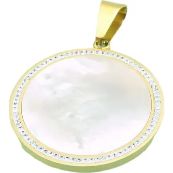 Přívěsek Přívěsek s perleťovým středem a zirkony, průměr 40 mm, hmotnost 24 g.