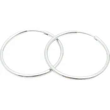 Náušnice Pár ocelových náušnic s hladkým designem, průměr 34 mm, šířka 2 mm, stříbrná barva.