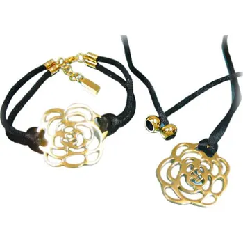 Souprava šperků Ocelový set s květinovým motivem v zlaté barvě - náramek a náhrdelník se stylizovanou růží.