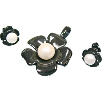 Souprava šperků Náhrdelník a náušnice s květinovým motivem a perlou v černé barvě – elegantní set šperků 7SS7522.