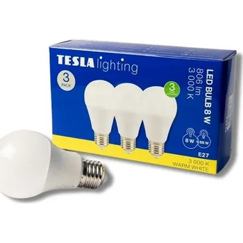 Žárovka Tesla - LED žárovka BULB E27, 8W, 230V, 806lm, 25 000h, 3000K teplá bílá, 220st 3ks v balení