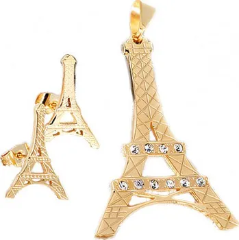 Souprava šperků Eiffelova věž set se zirkony – náušnice a přívěsek v elegantním designu, zlatá barva, trendy šperk pro každou příležitost.