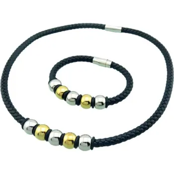 Souprava šperků Ocelový set s černým pleteným náramkem a náhrdelníkem, náhrdelník 500x6 mm, náramek 200x6 mm, kulaté korálky, stříbrná a zlatá