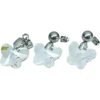 Souprava šperků Náušnice a přívěsek ve tvaru motýla s krystalem, stříbrná barva, rozměry přívěsku 12x15 mm, náušnice 12x15 mm.