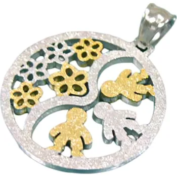 Přívěsek Přívěsek s motivem rodiny a květin, průměr 32 mm, stříbrná barva s pozlacenými detaily.