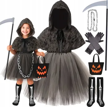 Karnevalový kostým KOSTÝM ŠATY SMRŤ S KOSOU TUTU ZOMBIE DUCH PŘEVLEK HALLOWEEN 122 128