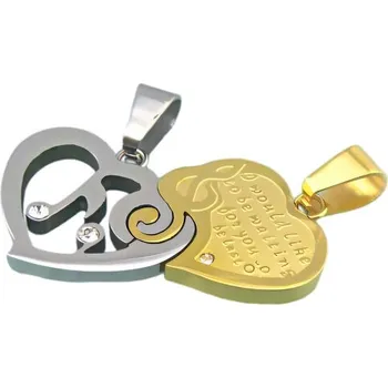 Přívěsek Srdcový přívěsek s nápisem a kamínky ve stříbrné a zlaté barvě, 2 kusy v setu.