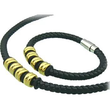 Souprava šperků Ocelový set s černým pleteným náramkem a náhrdelníkem se zlatými prvky, rozměry náramku 200x6 mm, náhrdelníku 480x6 mm.