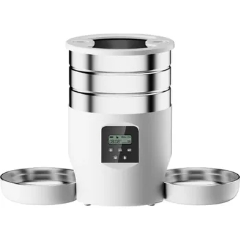 Miska pro psa Automatický dávkovač krmiva pro psy a kočky 4,5 l s displejem 19 x 28 cm Dvě nerezové misky Napájení ze sítě a baterií Programovatelný podavač bílá