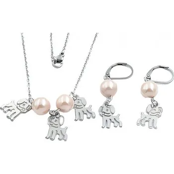 Souprava šperků Set šperků s motivem pejska a perlami – náhrdelník 450mm, přívěsek 14x10mm, náušnice 30x10mm.