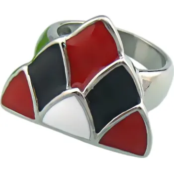 Prsten Ocelový prsten s barevnými kameny ve tvaru trojúhelníku, černá, červená a bílá, elegantní design, velikost na míru, váha 12 g. 59,5