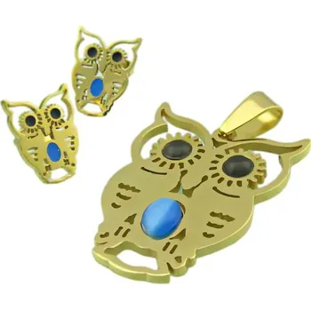 Souprava šperků Sada šperků s motivem soviček ve zlaté barvě se modrými kameny - náhrdelník a pár náušnic.