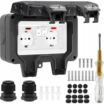 Elektrická zásuvka DVOJITÁ ZÁSUVKA NA OMÍTKU VENKOVNÍ S VYPÍNAČEM VODOTĚSNÁ IP66 ČERNÁ