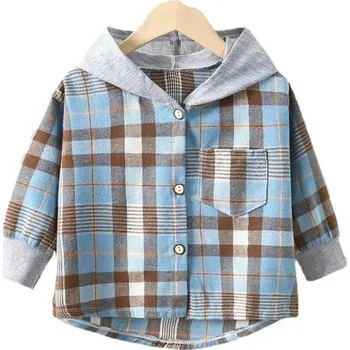Dívčí košile Dětská kostkovaná košile s kapucí Modrohnědá Bavlna Polyester Dívčí a chlapecký kabátek na jaro a podzim Stylová bunda s dlouhým rukávem a knoflíky 7