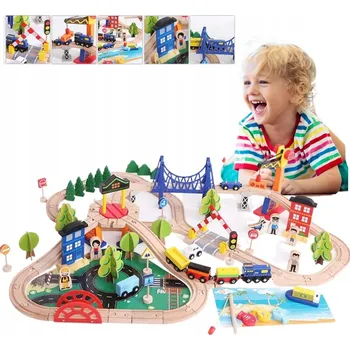 Vláček a vláčkodráha DŘEVĚNÁ VLÁČKODRÁHA VELKÁ S VÝHYBKAMI - MEGA MĚSTO - 108 dílů