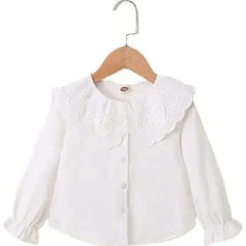 Dívčí košile Dětské dívčí tričko s dlouhým rukávem Bílý top s krajkovým dutým límečkem a knoflíky Korejský styl Podzimní oblečení pro batolata Polyester 3
